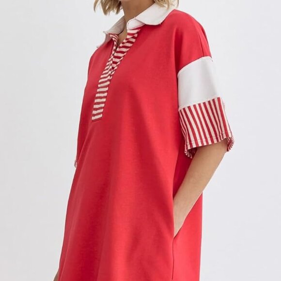 Polo Collared Candy Striped Loose Fitting Mini Dress With Side Pockets - Picture 3 of 4